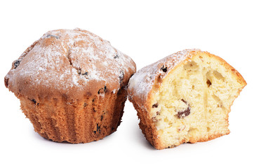 Fruitcake with raisin isolated on white