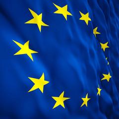 3d image of a blue european union flag with yellow stars. nobody around. moving waves.