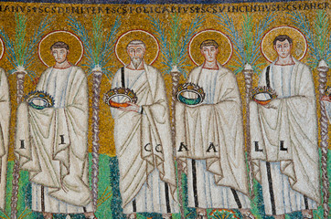 Old byzantine mosaics at the St Apolonaire church in Ravenna.