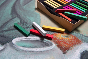 Artist’s pastels and original pastel drawing of still life.