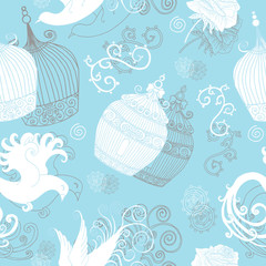 Seamless pattern with cages and birds on blue