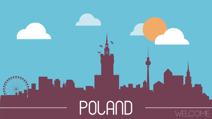 Naklejka premium Polska panoramę sylwetka Płaska konstrukcja ilustracji wektorowych