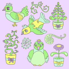 Set with cartoon birds, curls and flowers in cute pots