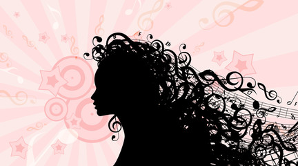 Silhouette of Woman's head with Music Hair. Stock Vector