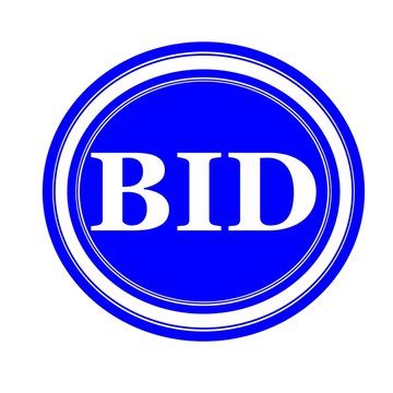BID white stamp text on blue