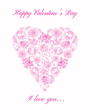 Valentines Day greeting card with roses and text