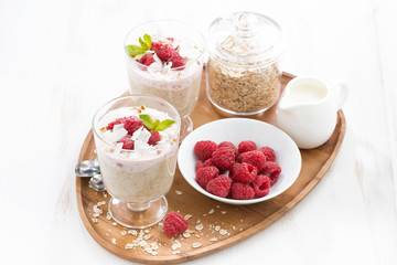 healthy dessert with oatmeal, whipped cream and fresh raspberry
