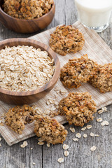 healthy oatmeal cookies and a glass of milk, vertical