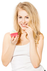 Smiling Girl holding Cake in her hands. Woman with Beautiful Too