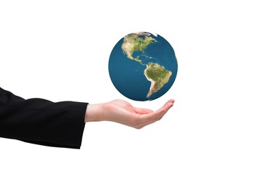 Composite image of businesswomans hand presenting