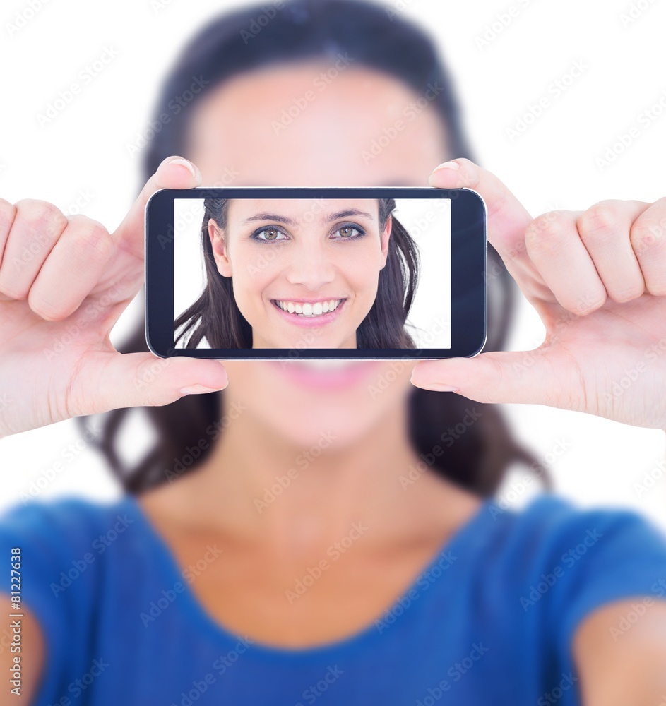 Poster composite image of pretty brunette smiling at camera