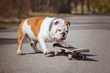 english bulldog playing on a skateboard