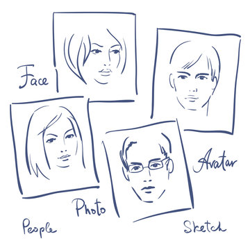 Women and men portrets sketch.Set of photo frames
