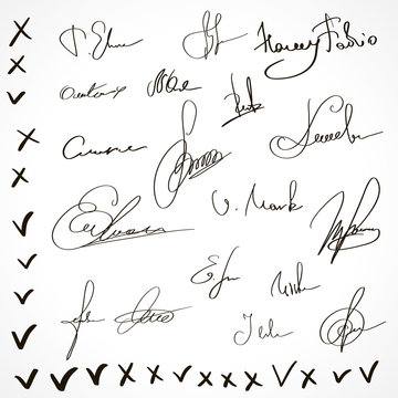 Set Of Various Fictional Signatures And Ticks