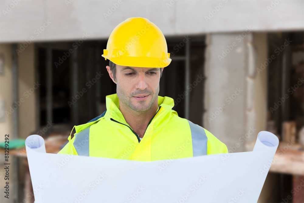 Poster Composite image of architect analyzing blueprint