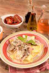 RAVIOLI WITH MUSHROOMS AND BACON