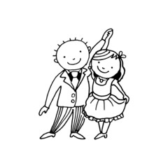 Dancing couple, black white vector illustration doodle sketch