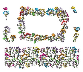 Vector floral frame, seamless  pattern and elements for design.