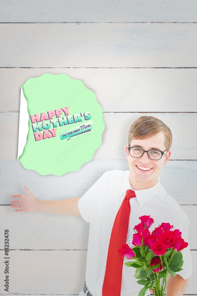 Poster composite image of geeky hipster offering bunch of roses