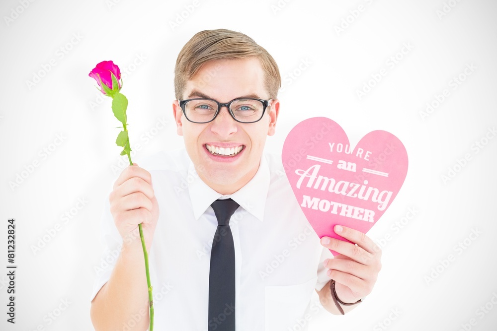 Poster geeky hipster holding a red rose and heart card