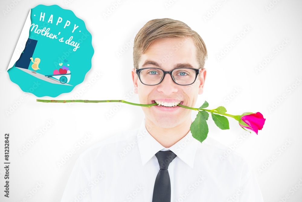 Poster composite image of geeky hipster holding a red rose in his teeth