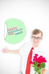 Composite image of geeky hipster offering bunch of roses
