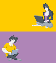 cartoon couple working on laptop computer