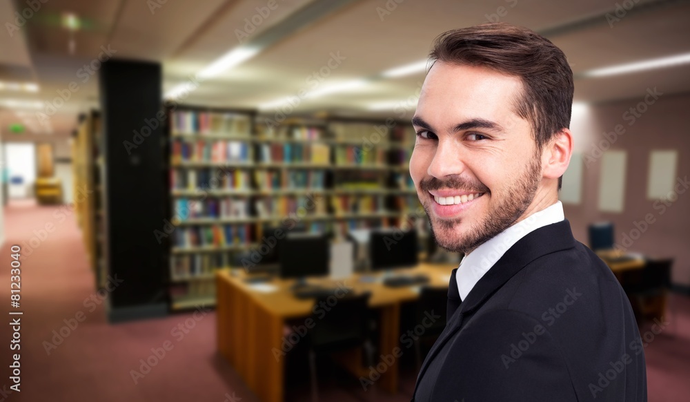 Poster composite image of elegant businessman in suit smiling at camera