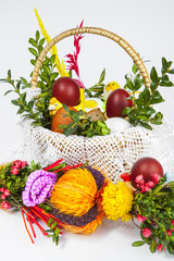 Eggs and food in Easter basket, symbol of resurrection of Jesus