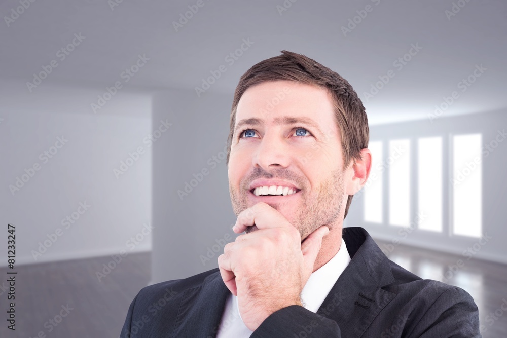 Poster composite image of businessman smiling and thinking