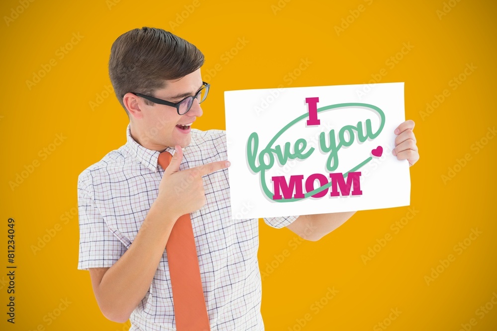 Poster Composite image of geeky hipster smiling and showing card