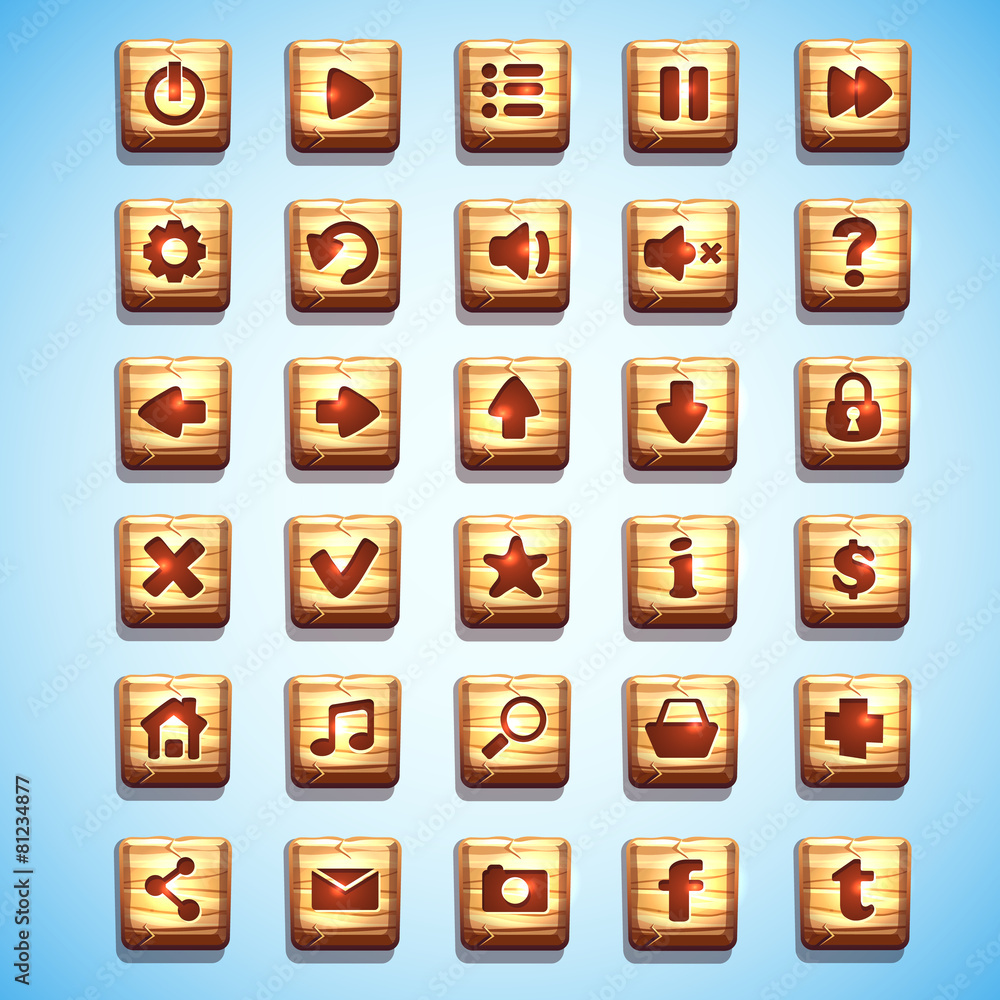 Poster wooden square buttons for the user interface - computer games