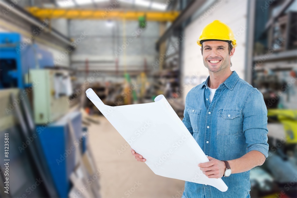 Poster Composite image of happy architect holding blueprint in house