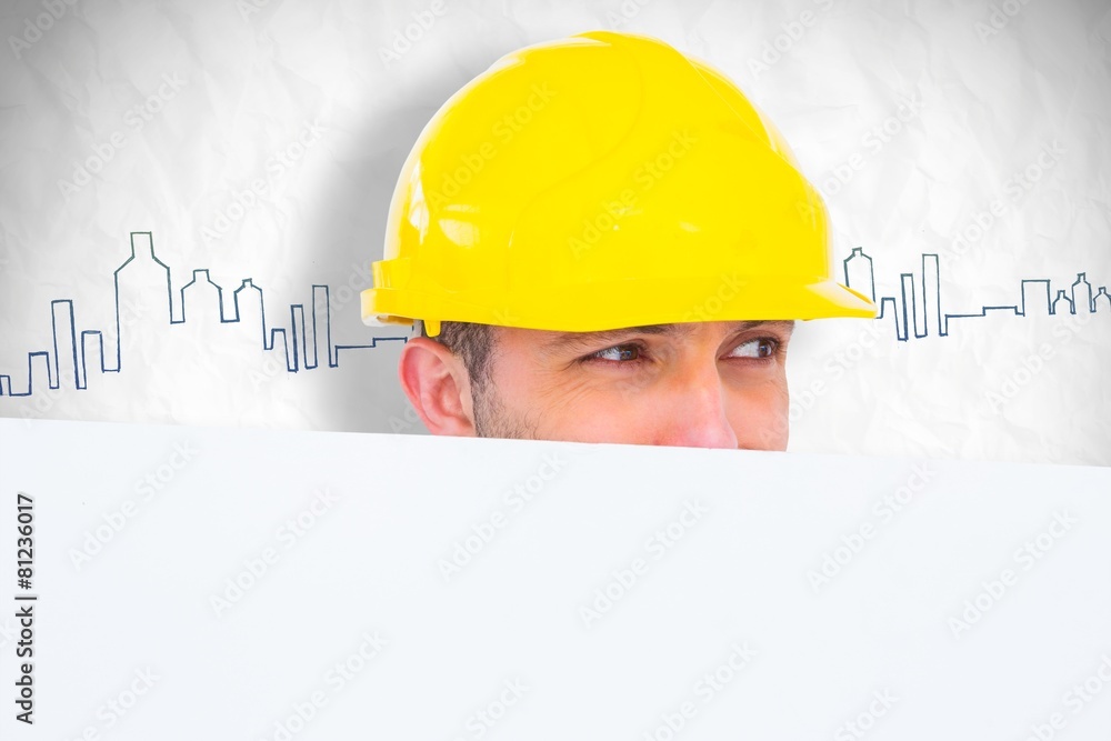 Poster composite image of handyman hidden behind blank board