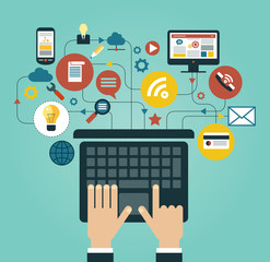 Human hand with a laptop surrounded by icons