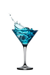 Blue cocktail with splash isolated on white.
