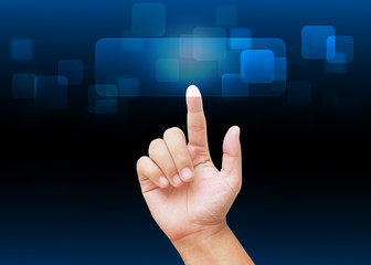 Hand pressing buttons with technology background