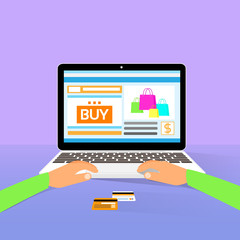laptop on line shopping hands type buy flat design