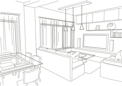 linear architectural sketch living-room studio