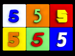 various numbers 5 on colored cubes