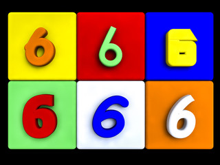 various numbers 6 on colored cubes