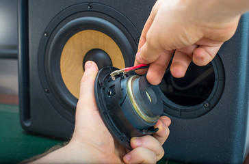 Male hand connecting professional studio monitor speaker.