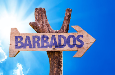 Barbados wooden sign with sky background