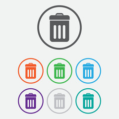 Trash bin icon vector. Round buttons with frame.