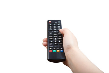 Hand with remote control pointing forward isolated