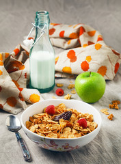 Rustic breakfast, cereal, milk