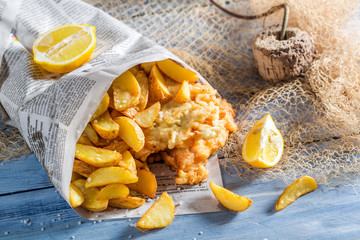 Hot fish cod with chips with lemon