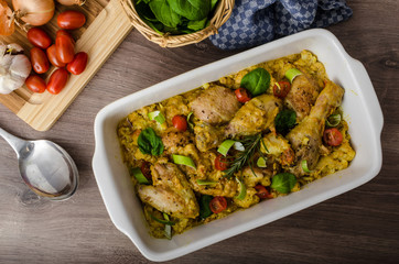 Roasted chicken quarters with curry vegetables