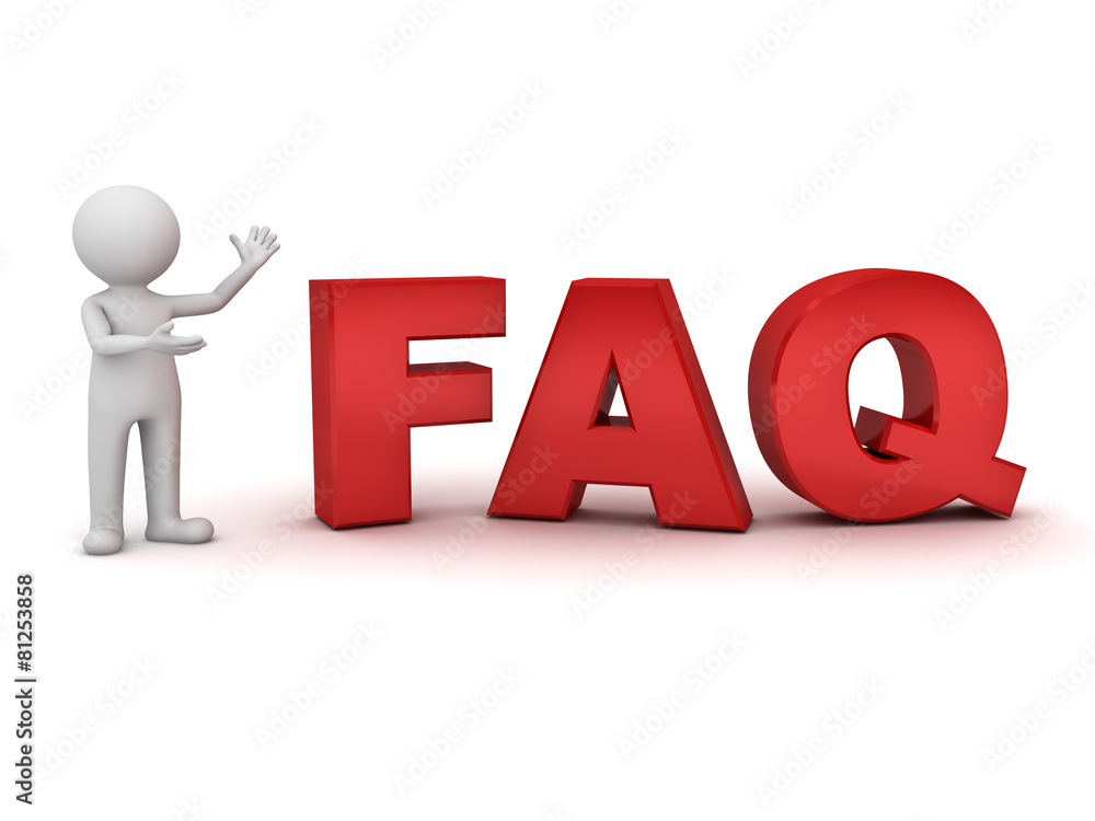 Poster 3d man standing and presenting red faq word over white