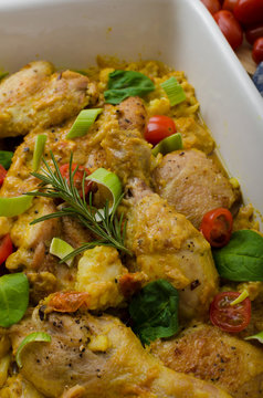 Roasted chicken quarters with curry vegetables